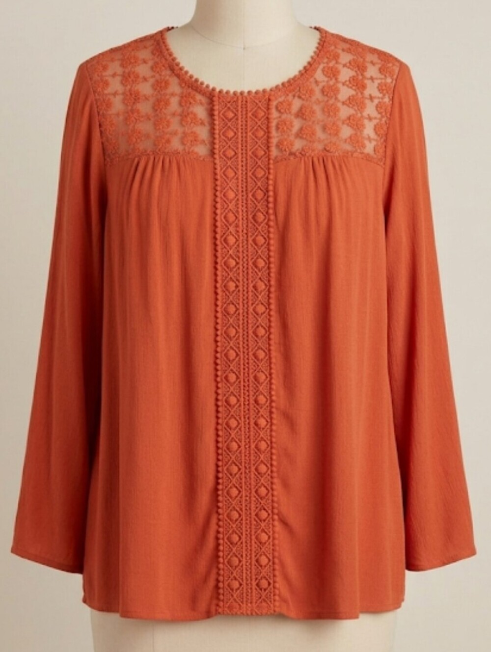 Plus Size Rust-Orange Lace & Crochet Detail Women's 2XL Top Business Casual